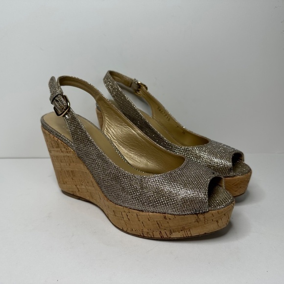 Stuart Weitzman Jean Glitter Slingback Cork Platform Sandals Women's Size 7M - Picture 3 of 14